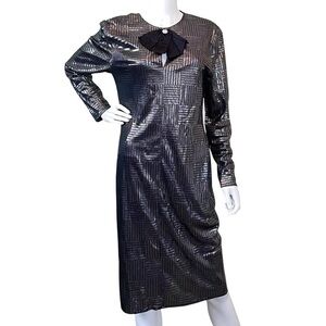 Vtg 80s Frances La Vie Italy Metallic Checkered Lame Bow Evening Dress Silver 10